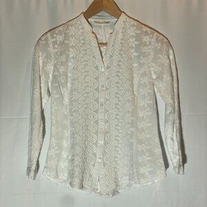 Coldwater Creek Women's Xs 100% Cotton White Long Sleeved Embroidered Blouse